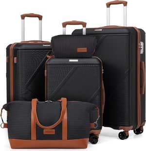 Luggage Sets 5 Piece, Suitcases With Wheels, Lightweight Travel Luggage Set With TSA Lock, ABS Hardshell Carry On Suitcase Set, Black